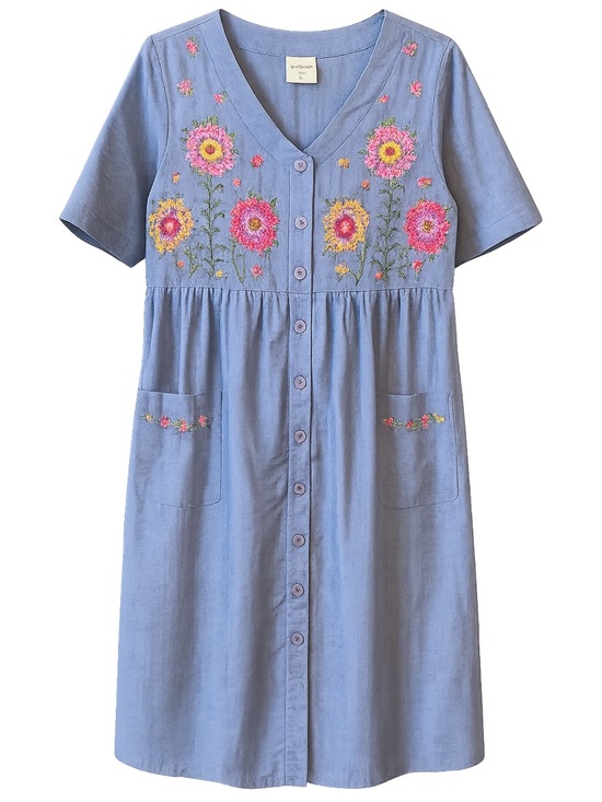 Bechamel Dresses & Skirts - Bechamel Lavender Blue Button-Front Dress with Pink and Yellow Floral Embroidery